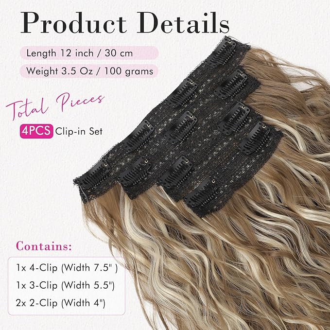 REECHO Hair Extensions, 4PCS Clip in Hair Extensions 12" Short Curly Wavy Brown Invisible Lace Weft Natural Soft Hairpieces for Women – Ash Brown with Highlights