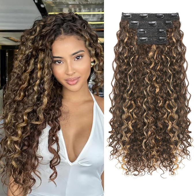 Clip in Hair Extensions, FLUFYMOOZ 4PC 100％ Pure Protein Silk Hair Extensions Long Soft Natural Hairpiece 20 Inch Curly Hair Extension for Women (Dark Golden Brown with Highlight)