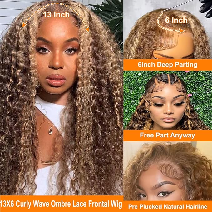 32 inch 200 Density Honey Blonde 13x6 Deep Wave HD Transparent Ombre Lace Front Wigs Human Hair Pre Plucked 4/27 Highlight Jerry Curly Wet And Wavy 100% Human Hair Wigs For Black Women With Baby Hair