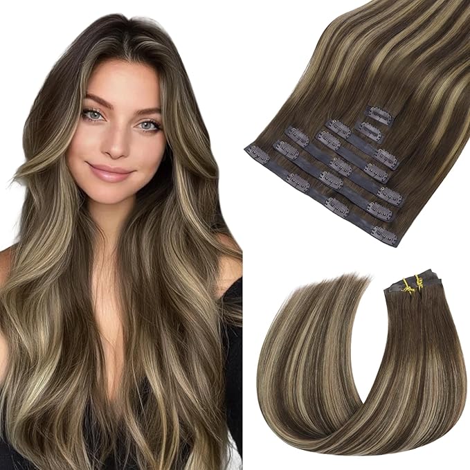HOTBANANA Seamless Clip in Hair Extensions, 20 Inch 110g 7pcs Chocolate Brown with Honey Blonde Invisible PU Skin Weft Straight Remy Human Hair Extensions