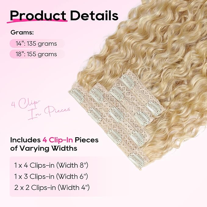 REECHO Curly Hair Extensions - 4PCS 18" GoGo Curly Clip in Hair Extensions 100% Super Protein Hairpieces with Invisible Lace Weft Silky Soft Natural Look for Women - Light Golden Blonde