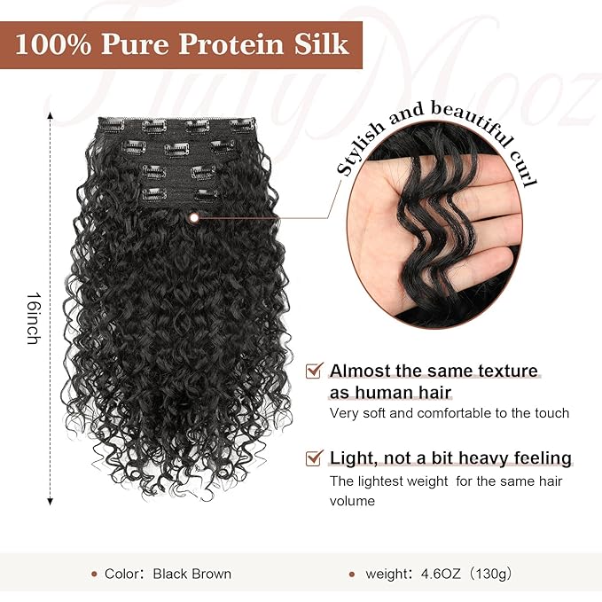 Clip in Hair Extensions, FLUFYMOOZ 4PC 100％ Pure Protein Silk Hair Extensions Long Soft Natural Hairpiece 16 Inch Curly Hair Extension for Women (Black Brown)