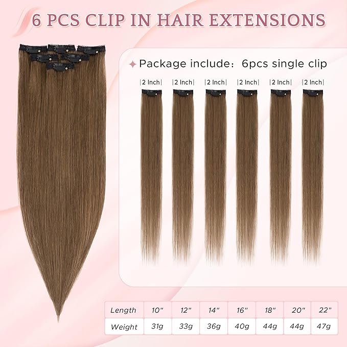 SEGO Single Clip In Hair Extensions Real Human Hair 6 Pcs Individual Clip Ins Remy Straight Soft Seamless Hairpieces for Women -16 Inch #04 Medium Brown