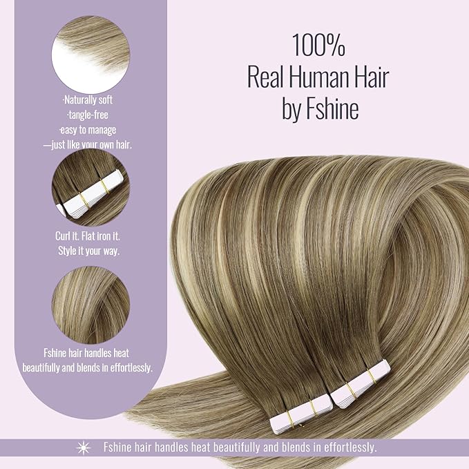 Fshine Remy Hair Tape in Extensions Blonde Hair Extensions Balayage Chestnut Brown to Platinum Blonde and Brown Tape in 16 Inch Straight 16 Inch 20 pcs 50 g,Adjustable & Flexible for Any Hairstyle
