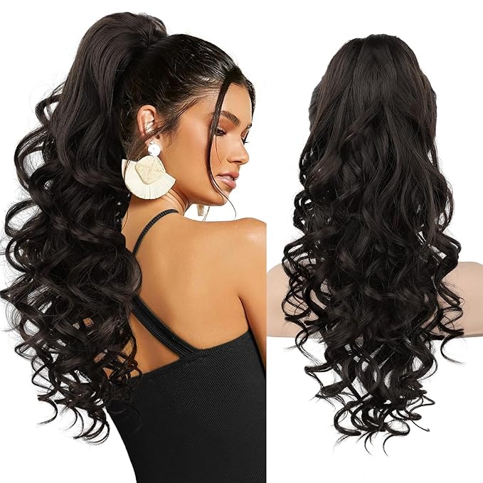 REECHO Ponytail Extension, 20” Claw Clip Ponytail Extension Curly Clip in Ponytail Long Pony Tails Hair Extensions for Women Fluffy Natural Looking Synthetic Hairpiece, Black Brown