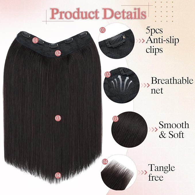 One Pieces Clip in Hair Extensions Human Hair Upgraded V-Shaped 5 Clips in Hair Extensions Human Hair Long One Piece Hairpiece for Women,12 Inch,#1B Natural Black,55g