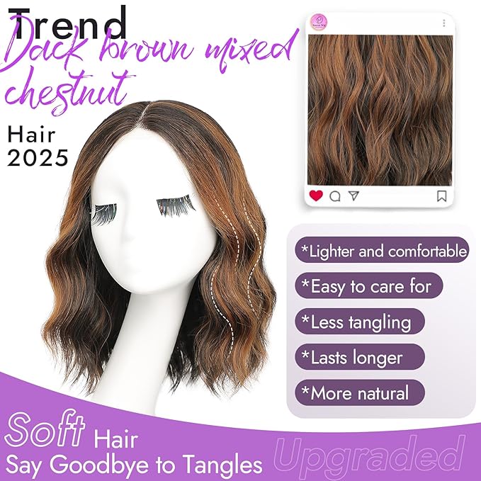 Dark Brown Mixed Chestnut Short Wavy Wig for Women Lace Hairline Bob Style Synthetic Heat Resistant - Natural Appearance for Everyday Hairstyle 14 Inch