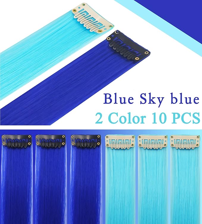 Bright Blue&Blue Wig Pieces Colorful Party Highlights Clip in Coloured Hair Extensions Multicolors Straight Synthetic Hairpieces for Women Kids Girls