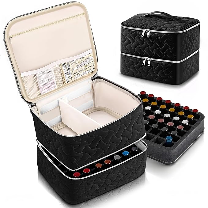 DreamGenius Nail Polish Organizer Case Holds 42 Bottles, Portable Double-Layer Nail Polish Storage Bag with Adjustable Dividers for Manicure Tools, Black