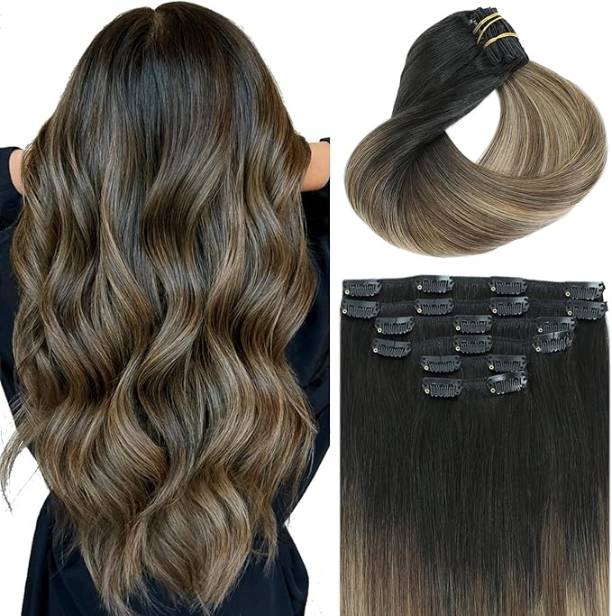 Clip in Hair Extensions Real Human Hair, 20 Inch 120g,Natural Black Roots Chocolate Brown With Caramel Blonde, Clip On Hair Extensions 6pcs Per Set with 18 Clips(#1B/4/27,20")