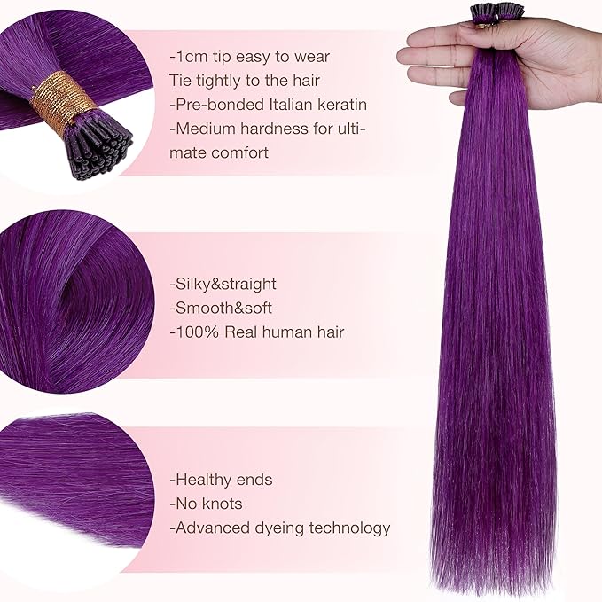 GOO GOO Colored I Tip Hair Extensions, Real Human Hair, 24inch 50g 50S, Cold Fusion I Tip, Invisible Remy, Purple