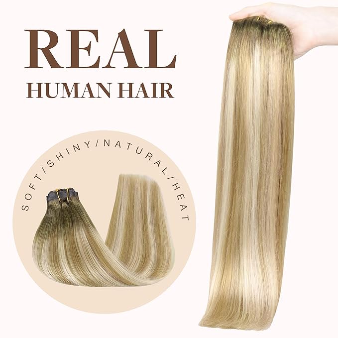 GOO GOO Clip in Hair Extensions Real Human Hair, Remy Human Hair Extensions Clip ins for Women, Natural Human Hair, 14inch 130g 9Pcs, 5A/90/16F Bahamian Balayage