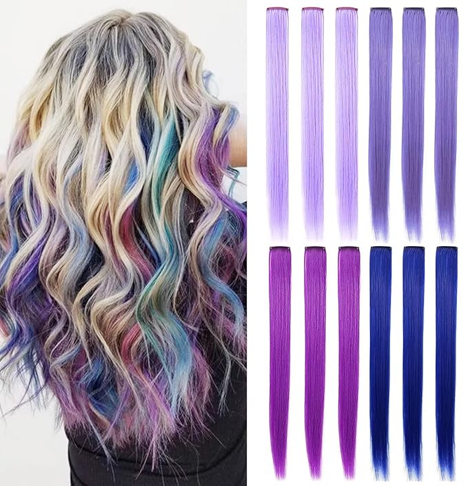 12 PCS 20 inch Blue&Purple&Lavender&Light Purple Wig Pieces Colorful Party Highlights Clip in Coloured Hair Extensions Multicolors Straight Synthetic Hairpieces for Women Kids Girls