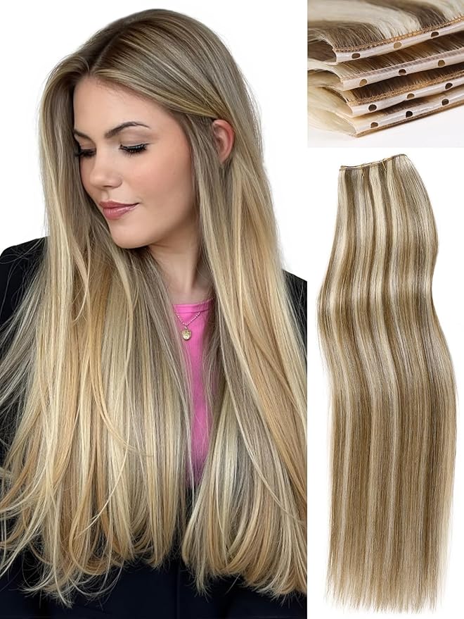 WIGNEE 22 Inch OVO Hand-Tied Weft Double Layered Real Remy Human Hair Blonde Ombre Seamless Glueless Extensions with Micro Beads Luxury Match for Blended Blonde Highlights Hair Extensions (9A/60)