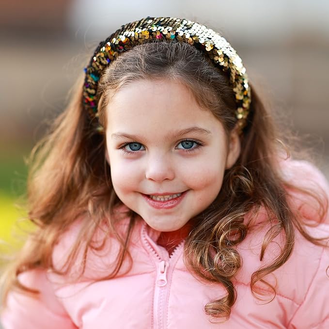 FROG SAC Sequin Headband for Girls, Wide Headbands for Kids, Sparkly Reversible Sequined Toddler Hair Bands, Sparkle Head Band Hair Accessories, Easter Basket Fillers Stocking Stuffers (Rainbow/Gold)
