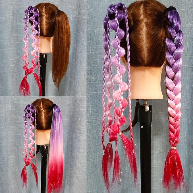 Colored Hair Extensions for Braids Ombre Ponytail Extension Colorful 2 Packs, 20 inch Crazy Hair Day Accessories for Women, DIY Festival Wacky Rave Braids,Tinsel Mixed
