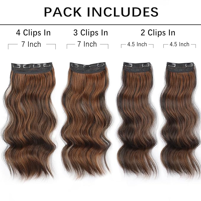 Vigorous Clip in Hair Extensions 20 Inch Black mix Brown Hair Extension 4Pcs Long Wavy Soft Synthetic Hairpieces for Women