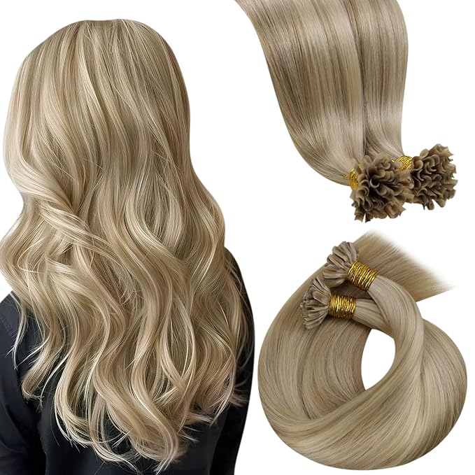 LaaVoo K Tip Hair Extensions Real Human Hair U Tip Extensions Human Hair Golden Blonde Highlights Light Blonde Ktip Extensions Soft Straight 20in 50g 50s