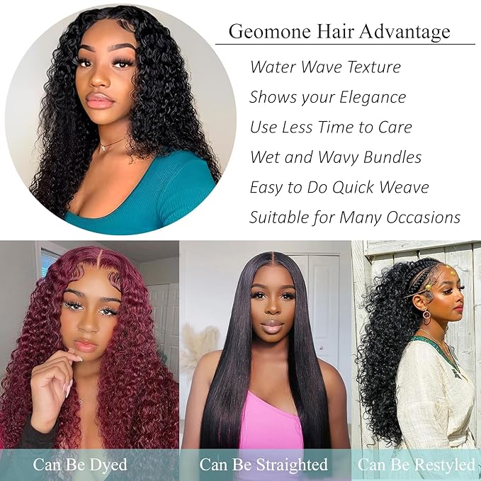 24 24 24 Inch Water Wave Human Hair Bundles Wet and Wavy Water Wave 3 Bundles Double Weft Curly Bundles Human Hair 100% Unprocessed Brazilian Hair Natural Black