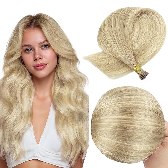 GOO GOO I Tip Hair Extensions Real Human Hair, 16inch 50g 100S, Cold Fusion I Tip Hair Extensions, Invisible Remy Hair Extensions, 18ET90A Natural Blonde Balayage