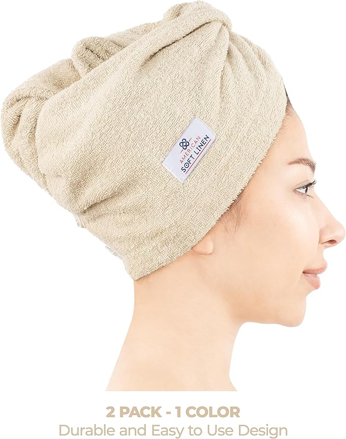 American Soft Linen 100% Cotton Hair Towels for Women, Head Towel Cap, Cotton Hair Turban Towel Wrap for Long Curly Anti Frizz Hair, Soft and Absorbent Cotton Hair Towels 2 Pack, Beige