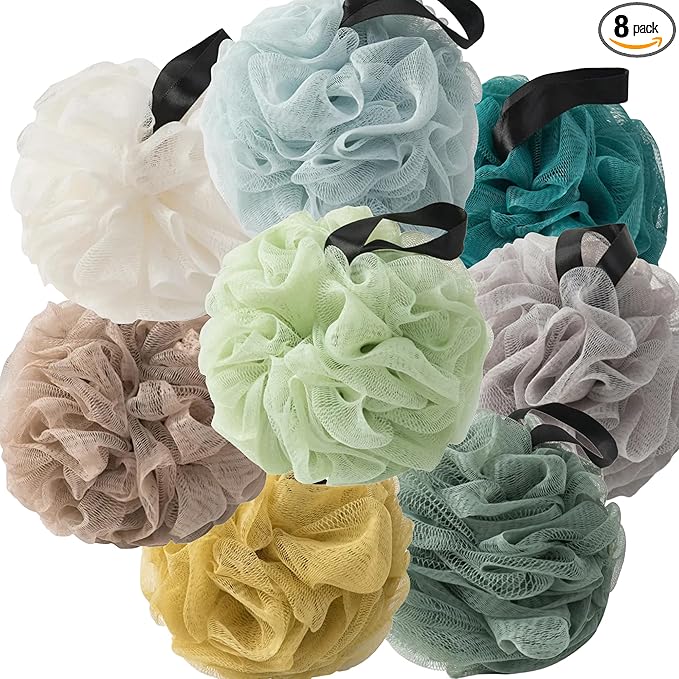 Loofah Sponges for Shower,Nature Family 8 Pack Bath Sponges - Dark Green, Peacock Green, Light Green, Yellow, Khaki, Beige, Gray & Blue