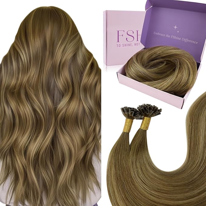 Fshine U Tip Hair Extensions Human Hair Ombre Remy Pre Bonded Hair Extensions Balayage Dark Brown Fading to Caramel Blonde and Chocolate Brown 22 Inch Hot Fusion Extensions for Women 50g/50s