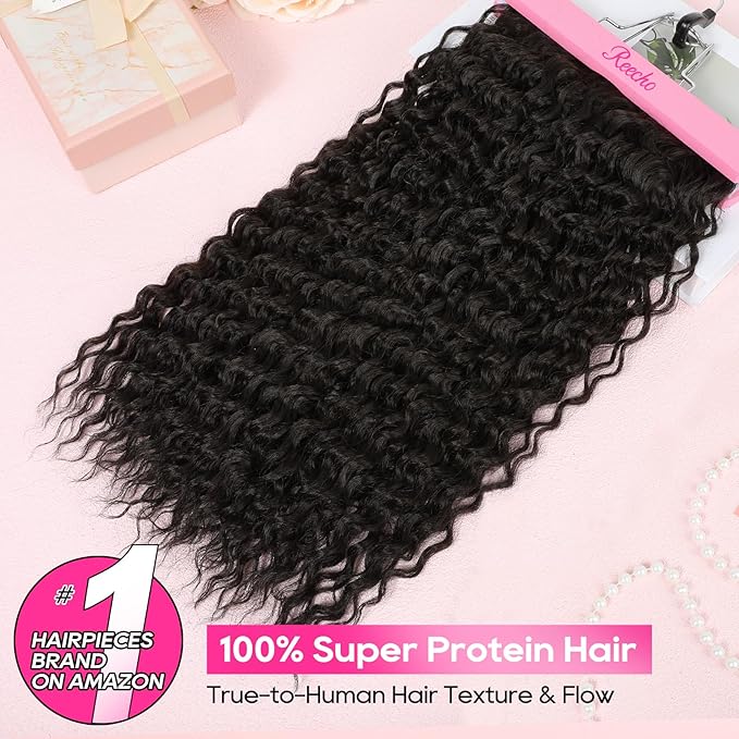 REECHO Hair Extensions - 4PCS 20" Water Wave Clip in Hair Extensions 100% Super Protein Silky Soft Natural Look with Invisible Lace Weft Hairpieces for Women - Black Brown
