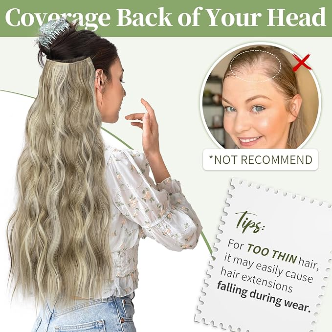 KooKaStyle Invisible Wire Hair Extensions with Transparent Headband Adjustable Size 4 Secure Clips Long Wavy Secret Wire Hairpiece for Women(24 Inch Dirty Blonde Mixed Bleach Blonde)