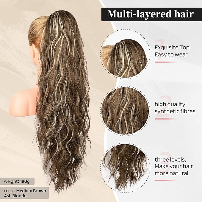 FLUFYMOOZ Ponytail Extension, 26 Inch Drawstring Ponytail Hair Extensions for Women， Long Curly Wavy Ponytail Natural Wavy Synthetic Hairpiece for Women (26 Inch Medium Brown Ash Blonde)