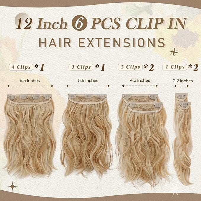 BARSDAR 12 Inch Wavy Honey Blonde Clip in Hair Extensions - 6PCs Short Wavy Honey Blonde Clip in Hair Extensions for Women - Full Head Thick Soft Synthetic Curly Hairpieces Daily Party