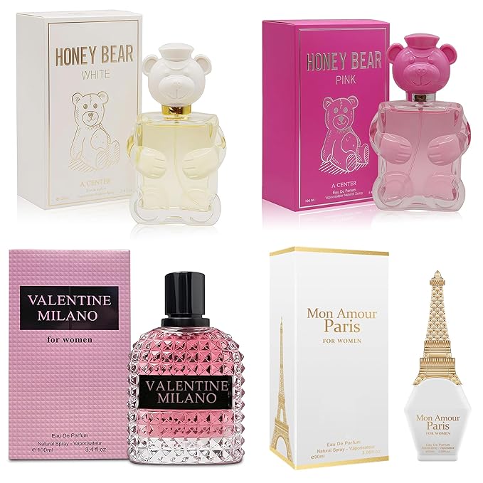 4PCS Perfume Set for Women - Floral Fragrance Gift Set with Vanilla,Sweet Fruity, Eau De Parfume| 3.4 Fl Oz Each Women's Cologne(Valentine Milano,Mon Amour Paris,Honey Bear Pink/White)