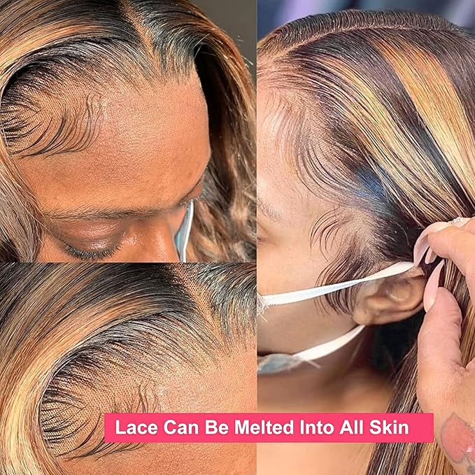 13x4 Highlight Lace Front Wigs Human Hair 4/27 Honey Blonde Lace Front Wig Human Hair 200% Density HD Transparent Ombre Lace Frontal Wigs Pre Plucked(24inch,4/27 13X4)