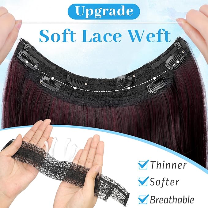 KooKaStyle Invisible Wire Hair Extensions Long Wavy Layered Synthetic Hair Extensions with Transparent Wire Adjustable Size 6 Secure Clips Ombre Burgundy mix Black Hairpieces for Women 16 Inch