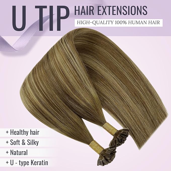 Fshine U Tip Hair Extensions Human Hair Ombre Remy Pre Bonded Hair Extensions Balayage Dark Brown Fading to Caramel Blonde and Chocolate Brown 22 Inch Hot Fusion Extensions for Women 50g/50s