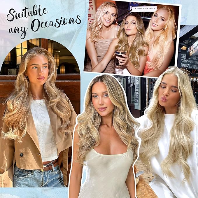 KooKaStyle Invisible Wire Hair Extensions Long Wavy Layered Synthetic Hair Extensions with Transparent Wire Adjustable Size 6 Secure Clips Honey Blonde Hairpieces for Women 20 Inch