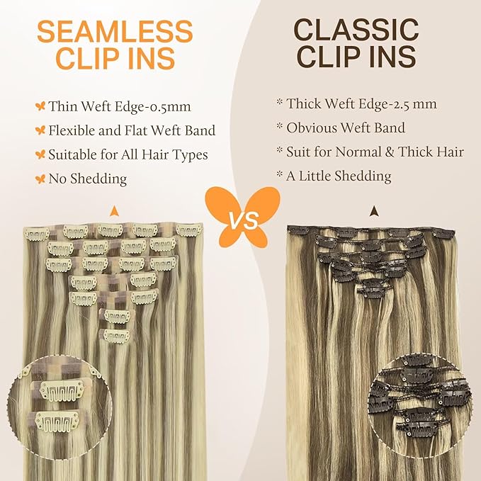 DOORES Hair Extensions Clip in Human Hair - Light Brown Highlighted Medium Blonde, 14 Inch, 110g, 7pcs, Seamless, Natural Straight, Invisi Edge