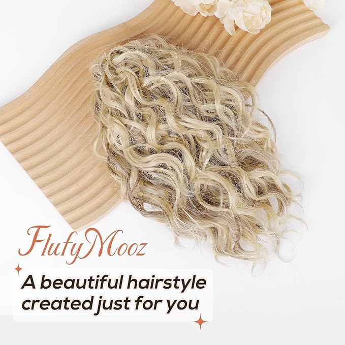 Flufymooz Ponytail Extension, 12" Short Claw Ponytail Extension Wavy Curly Jaw Clip in Pony tails Hair Extension Natural Synthetic Hairpiece for Women (Ash Blonde with Highlight)