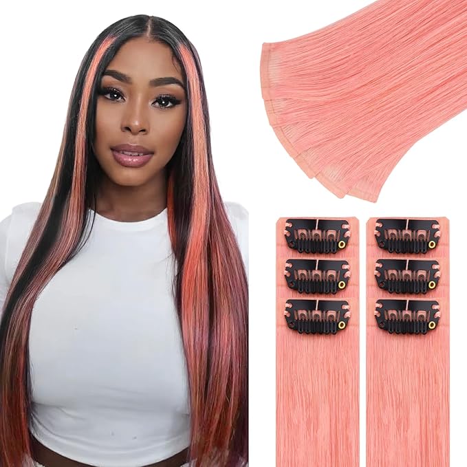 IDN BEAUTY Seamless Clip In Hair Extensions Human Hair, 22 Inch 40g 6Pcs Pink Straight Real Virgin Human Hair Seamless Clip Ins For Black Women PU Weft Invisible Edge