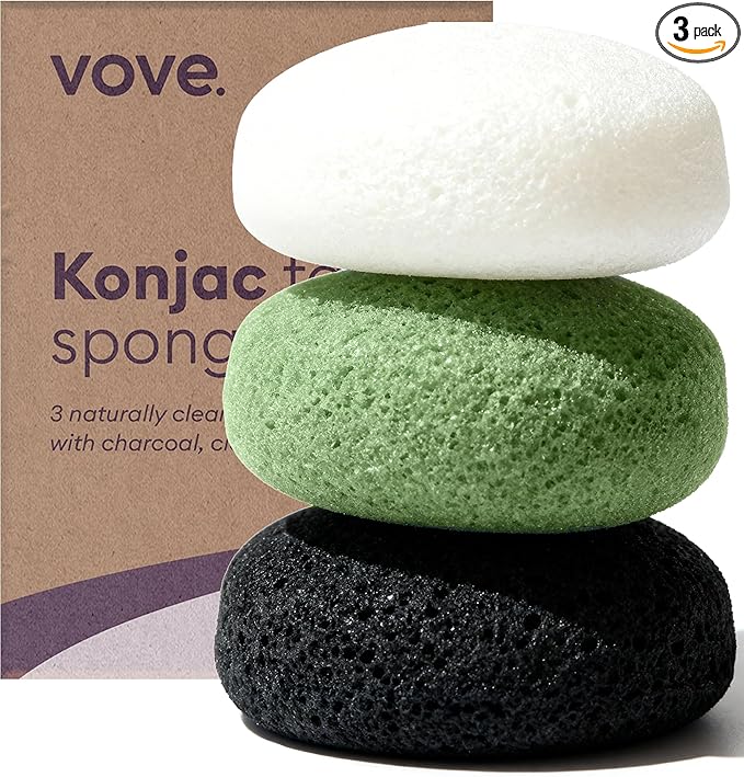 Vove Organic Konjac Facial Sponges 3-Pack - Natural Face Exfoliating Sponges with Bamboo Charcoal & Green Clay, Gentle Cleansing for All Skin Types, Natural Vegan Skincare, Certified Organic