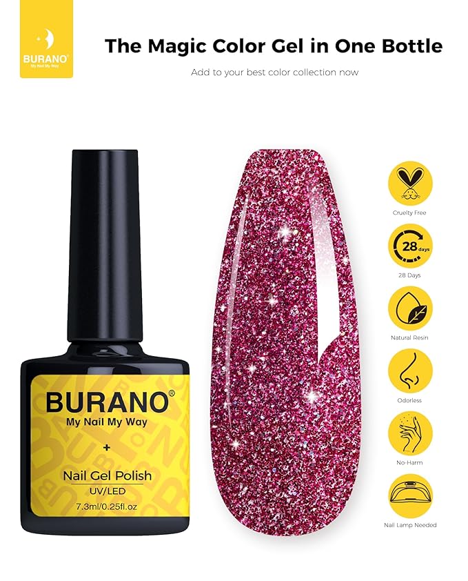 BURANO Glitter Nail Polish, LED UV Shimmer Holographic Effect Soak Off, No Chip Sparkle Gel for Home DIY Nail Salon (Rose LP50)