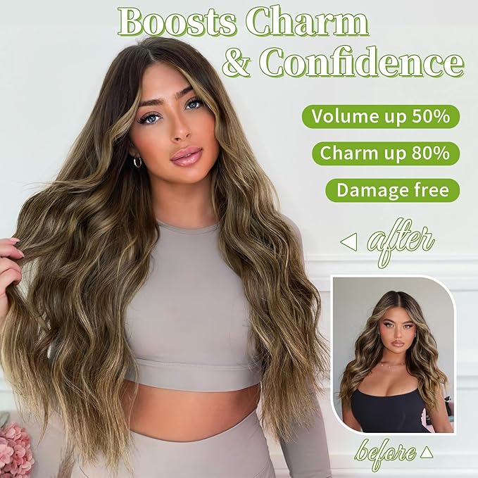 KooKaStyle Invisible Wire Hair Extensions with Transparent Headband Adjustable Size 4 Secure Clips Long Wavy Secret Wire Hairpiece 24 Inch for Women (Balayage Chocolate Brown to Caramel Blonde)