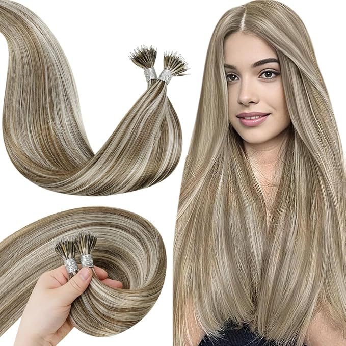 LaaVoo Nano Ring Hair Extensions Highlight Light Brown Mix Golden Blonde Nano Hair Extensions Human Hair Blonde 50g/50s 14 Inch