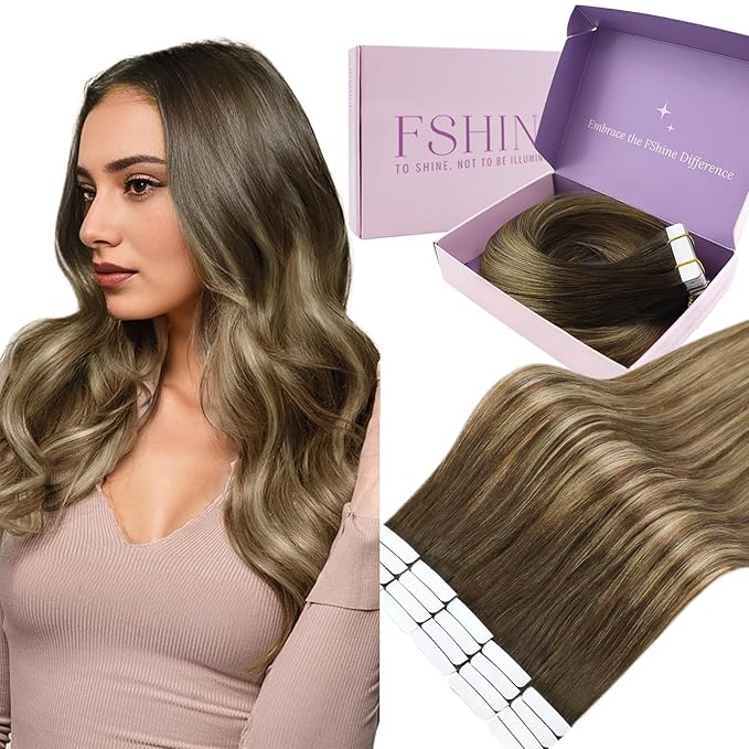 Fshine Human Hair Balayage Tape in Hair Extensions Brunette to Medium Brown and Caramel Blonde Ombre Extensions Adhensive 20 Inch 20 pcs 50 g,for Moms & Busy Moms