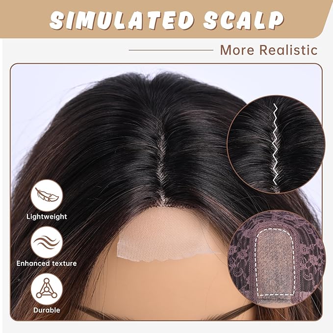 Brown with Highlight Medium Length Wigs for Women Dark Brown Mixed Gold Wig Middle Part Synthetic Hair Wigs Wavy Natural Hair for Daily Party Use Colourful Wig