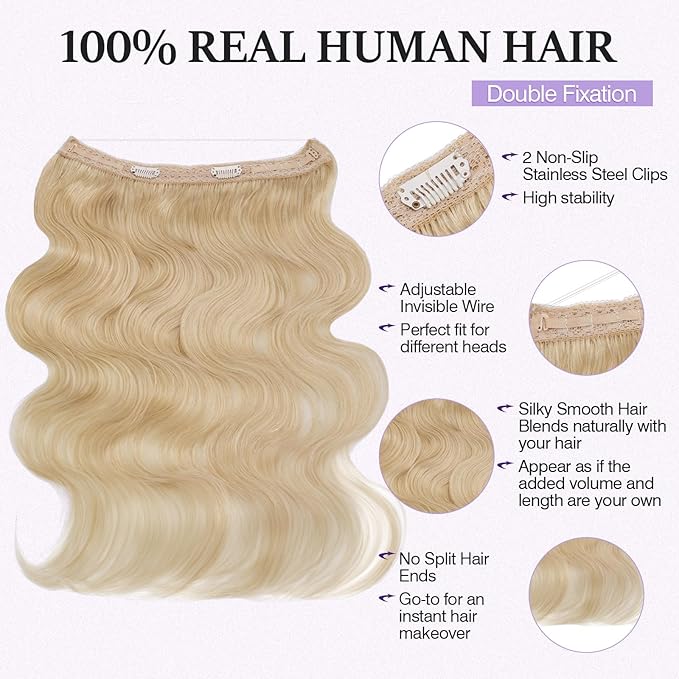 Halo Hair Extensions Real Human Hair,Halo Hair Extension 100% Human Hair,Wire Hair Extensions,Wavy 60 Platinum Blonde 22 inch/75g