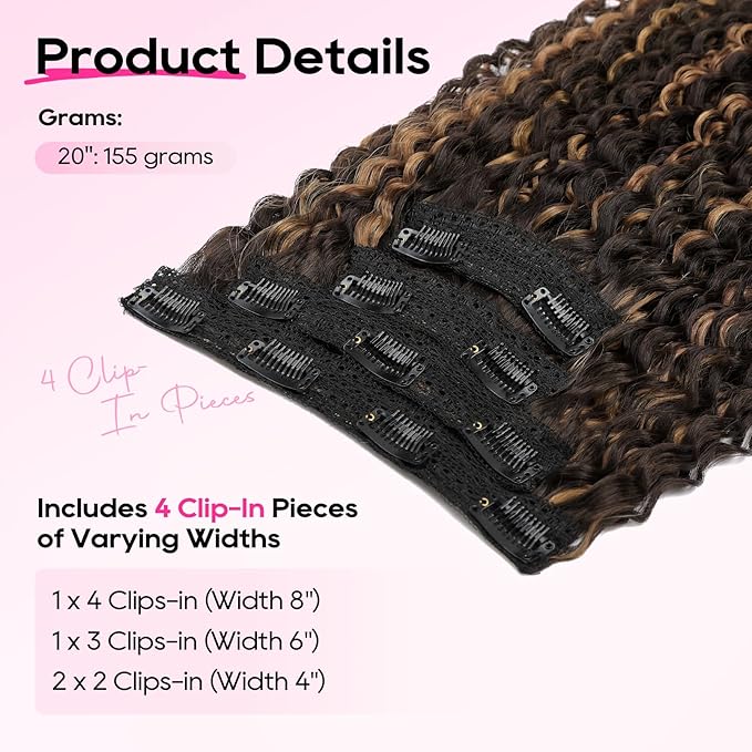 REECHO Hair Extensions - 4PCS 20" Water Wave Clip in Hair Extensions 100% Super Protein Silky Soft Natural Look with Invisible Lace Weft Hairpieces for Women - Chocolate Brown with Golden Highlights