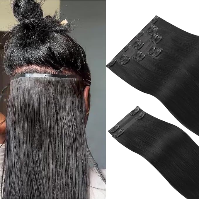 IDN BEAUTY Seamless Clip In Hair Extensions Human Hair, Straight 24 Inch 150g 9pcs Natural Black Real Virgin Human Hair Seamless Clip Ins For Black Women PU Weft Invisible Edge