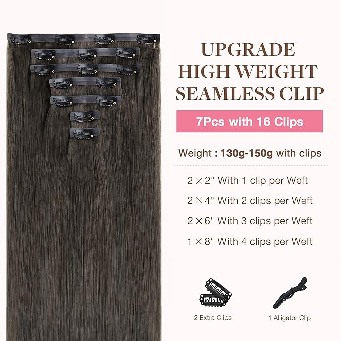 GOO GOO Clip in Hair Extensions Real Human Hair, Remy Human Hair Extensions Clip ins for Women, Natural Human Hair, 18inch 130g 7Pcs, 1C Mocha Brown