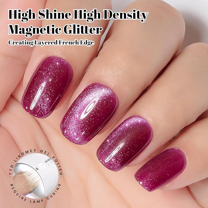 YTD Likomey Cat Eye Gel Nail Polish,15ml Bright Plum Pink Holographic Translucent Neutral Velvet Jelly Sheer Magnetic Dragon Fruit Shimmer Glitter Fall Winter UV Color Varnish with Magnet Stick,MY378